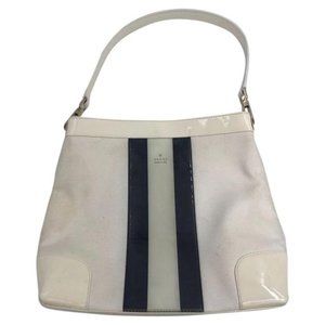 Gucci Vintage White Canvas and Patent Leather Satchel with Black Stripe